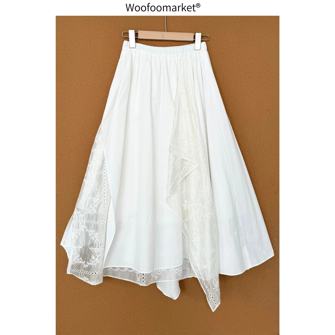 清清【海街日集】栀子白茶 刺绣拼接松紧腰a字半身裙女春夏 QZ233