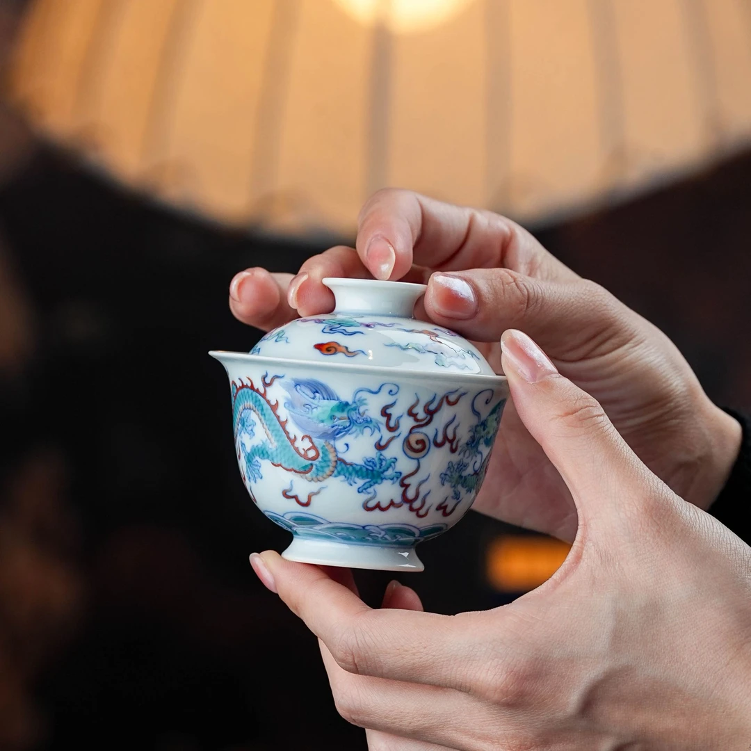 望月怀古斗彩双龙瓷盖碗喝茶陶瓷品茗茶具茶杯家用主人杯复古中式