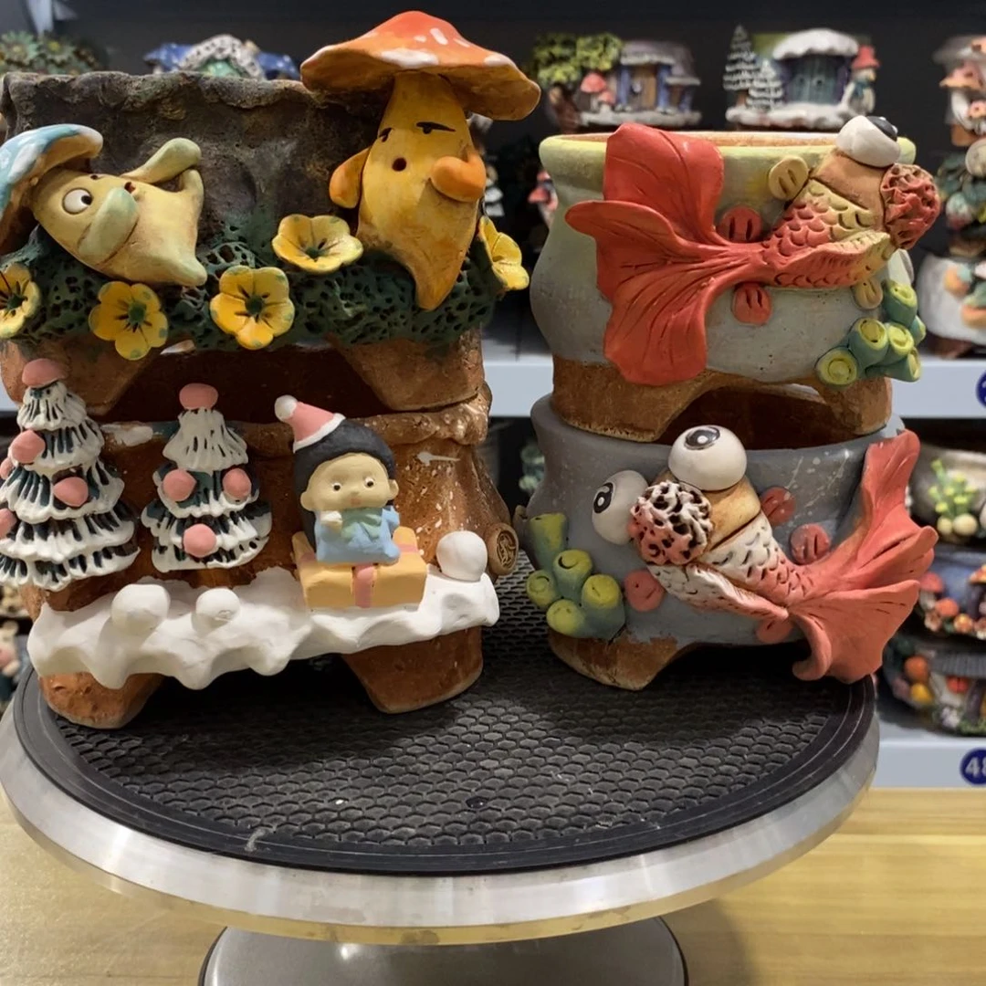 红陶廖*白狐粗陶手捏花盆