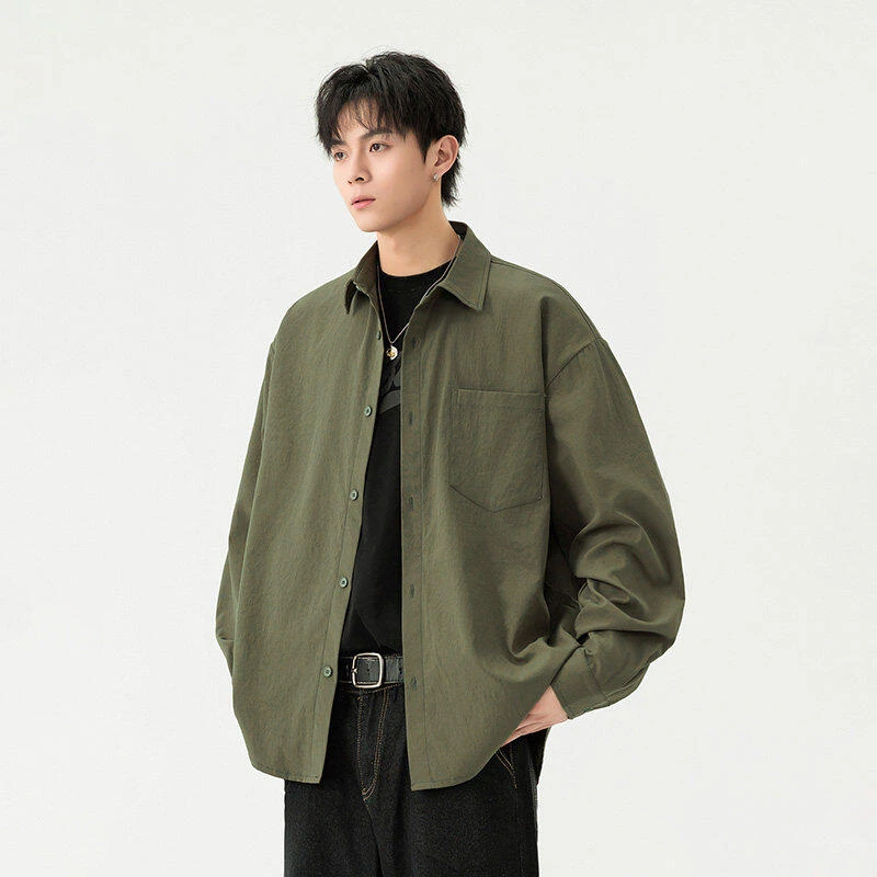 春季简约潮流时尚纯色系休闲男款衬衫春秋百搭长袖衬衫宽松
