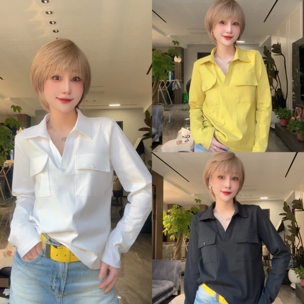 西元后V领长袖休闲T恤25075