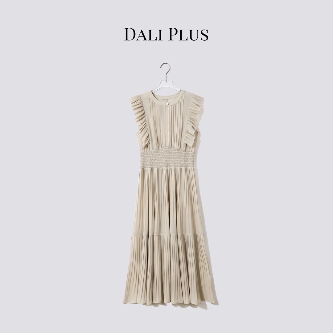 DALI PLUS赫本风百褶无袖飞边两件套高级氛围感连衣裙-D5ST1081-1