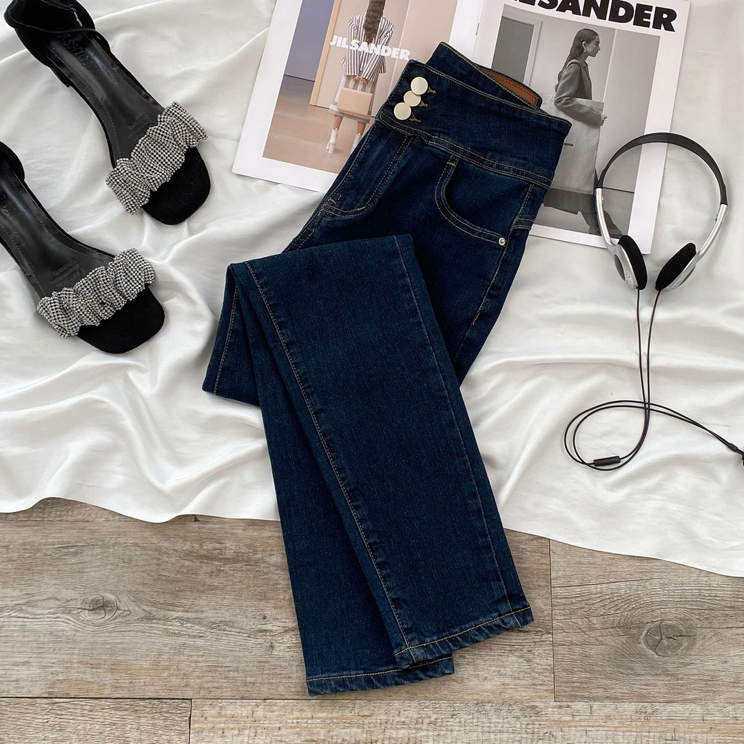 高腰显瘦蓝灰色加绒加厚小脚牛仔裤女2025年冬季新款紧身铅笔靴裤