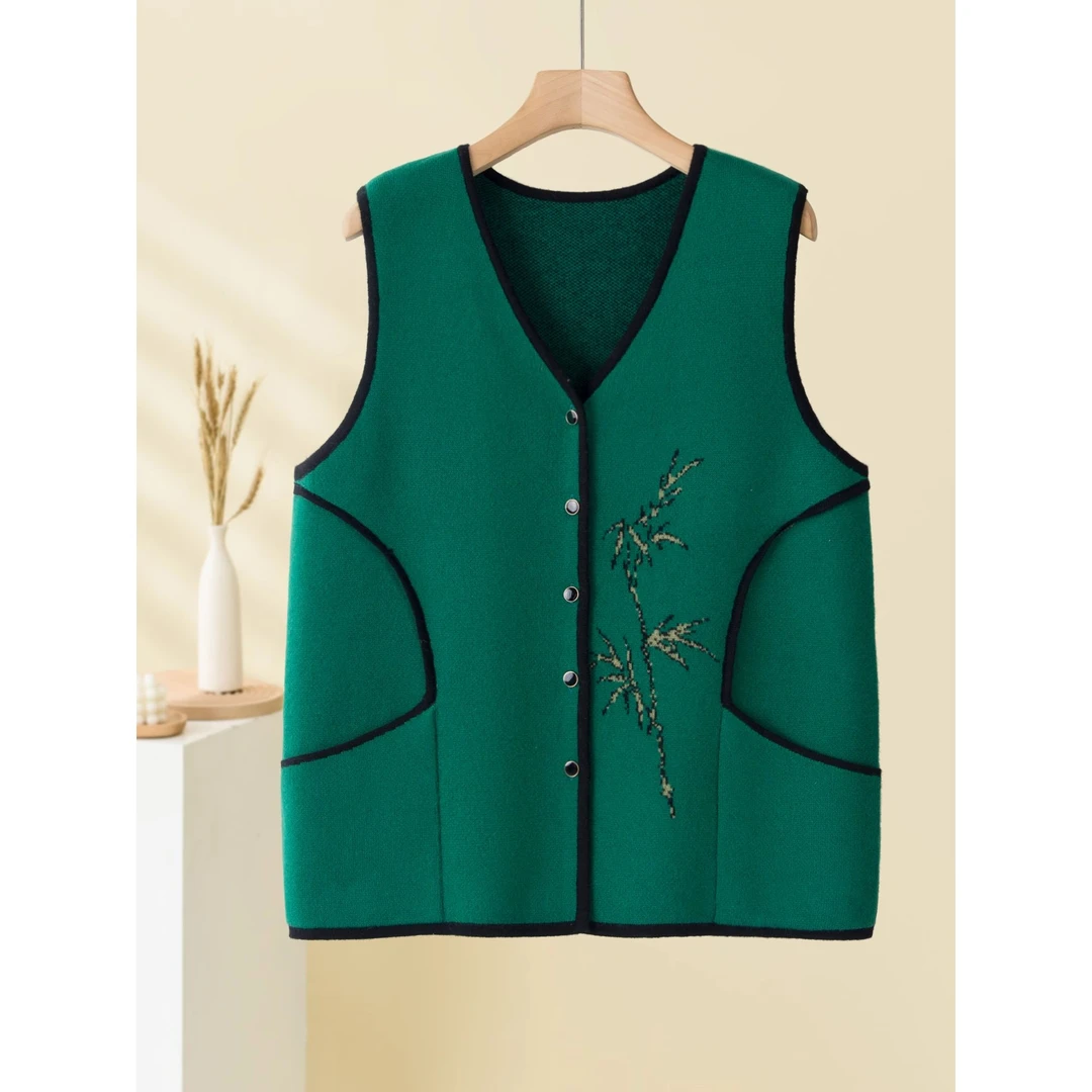100纯羊毛中老年妈妈装马甲~V领双提加厚提花女开背心宽松毛坎肩
