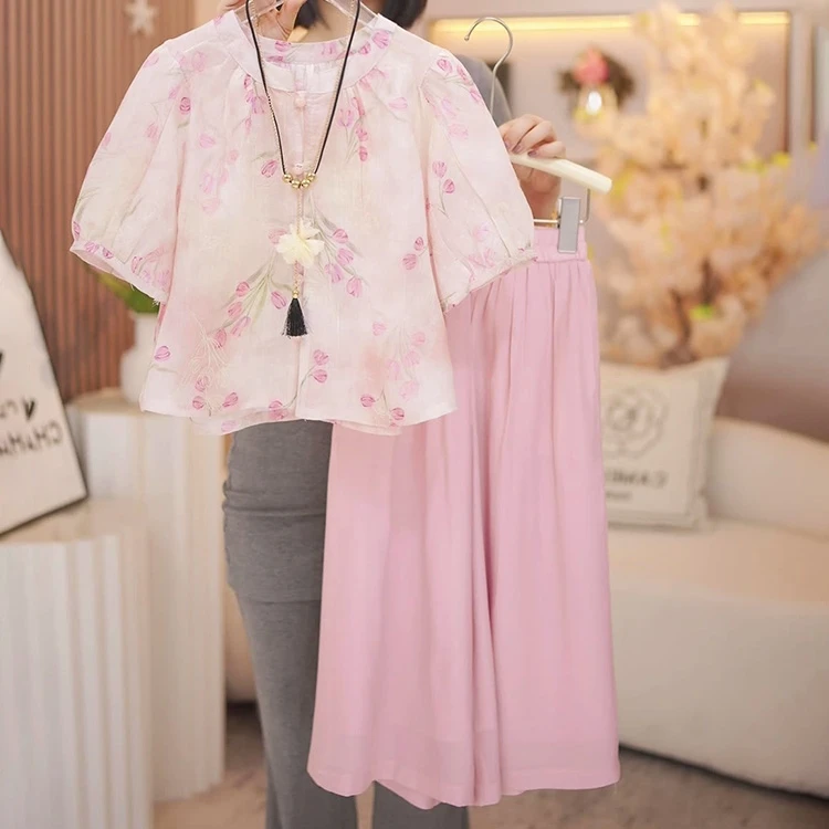 女童夏装2025新款套装韩版洋气碎花国风中式衫休闲阔腿裤两件套