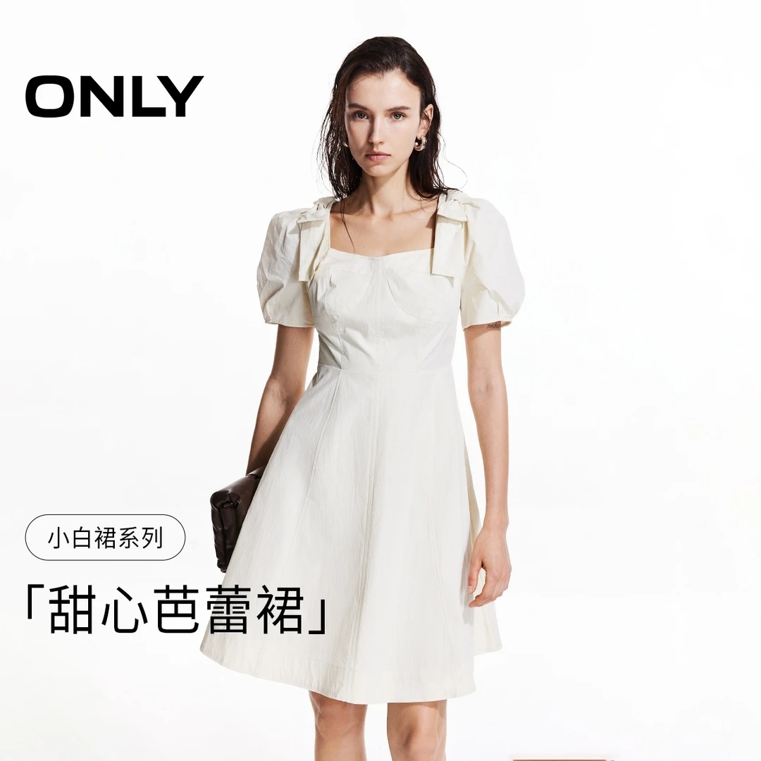 ONLY2025秋季方领蝴蝶结甜美纯色连衣裙女|125107047