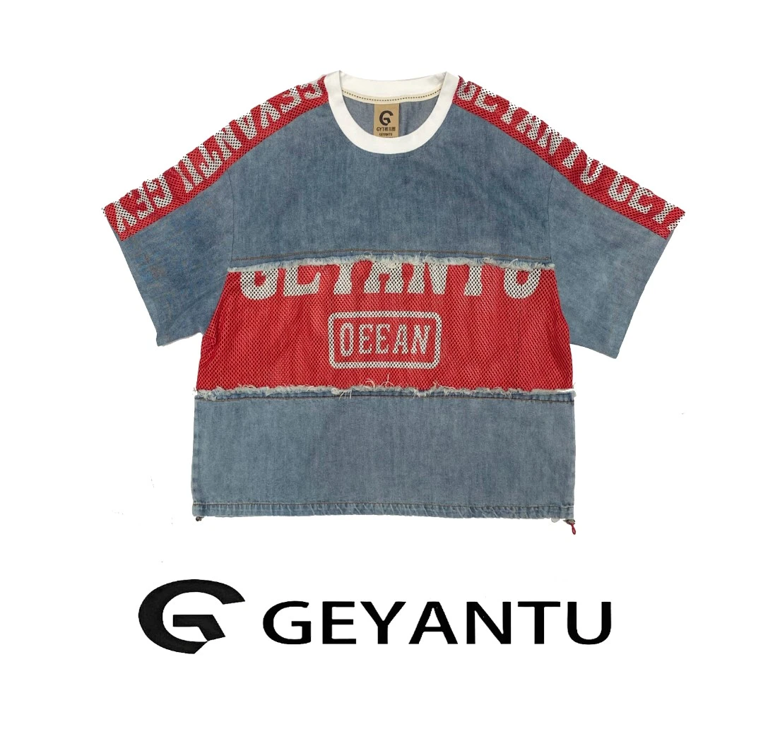 【GEYANTU】（上衣）2025夏新款731时尚牛仔网纱拼接印花短袖t恤纯棉