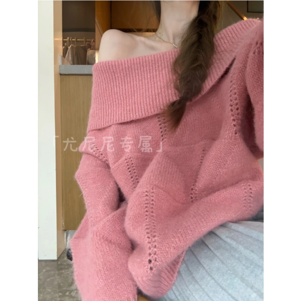 韩系慵懒风8%羊毛纯色一字肩毛衣女高级感气质宽松打底针织衫上衣