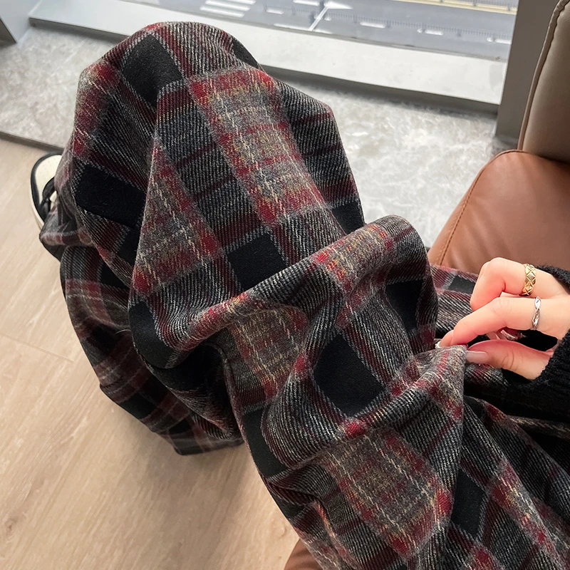 复古毛呢裤格子阔腿裤高腰直筒休闲裤女秋冬加绒显瘦拖地裤女2915