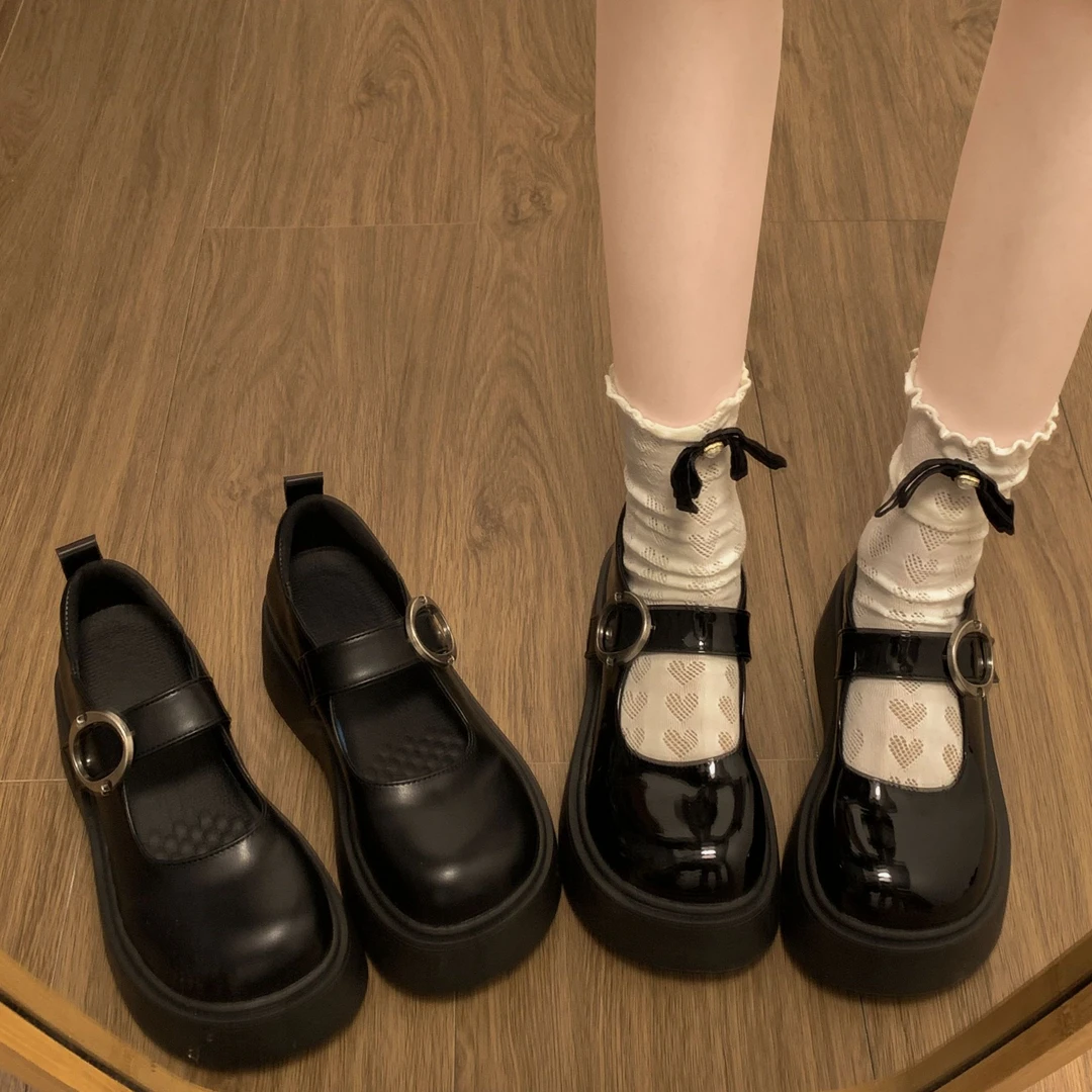 一字扣带黑色厚底小皮鞋女2025新款春秋玛丽珍大头包头jk乐福鞋子