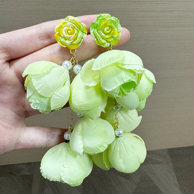 非金属亚克力耳饰 绿色耳饰夸张花苞耳环大脸显瘦耳钉长款超仙