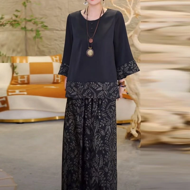 高端奢华时尚宽松显瘦女装两件套气质上衣阔腿裤减龄休闲百搭套装