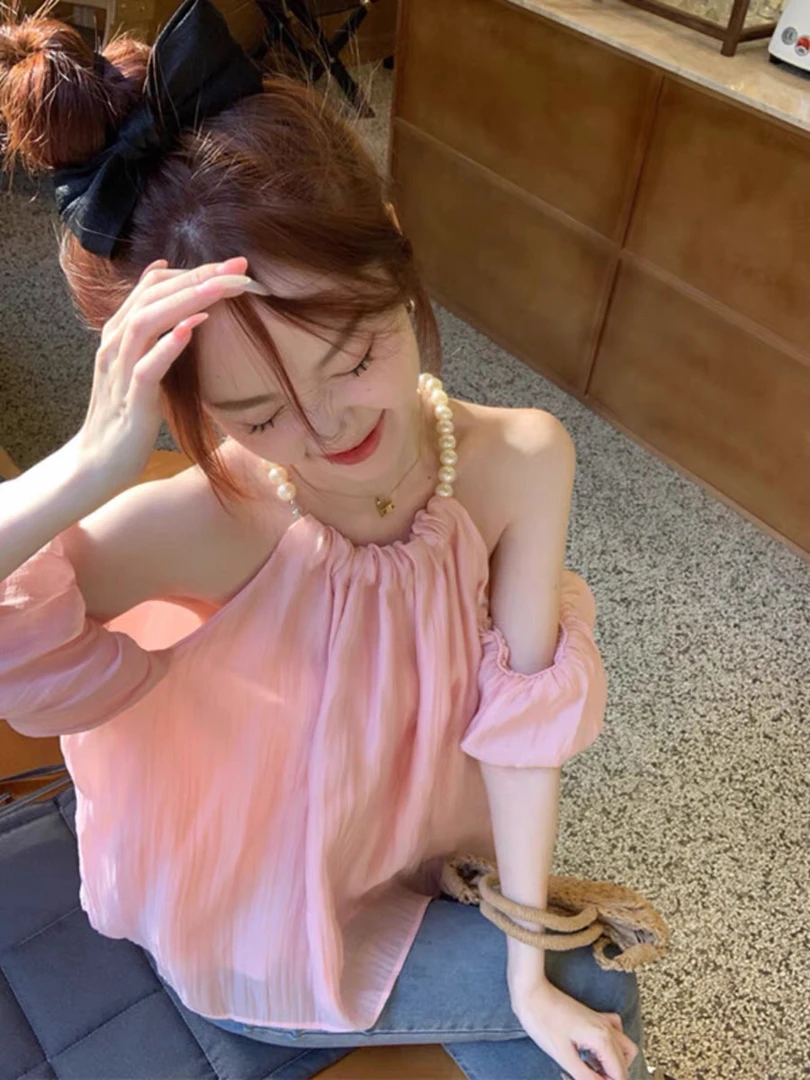 法式挖肩露肩挂脖泡泡袖短袖上衣女夏夏季小衫设计感小众仙气衬衫