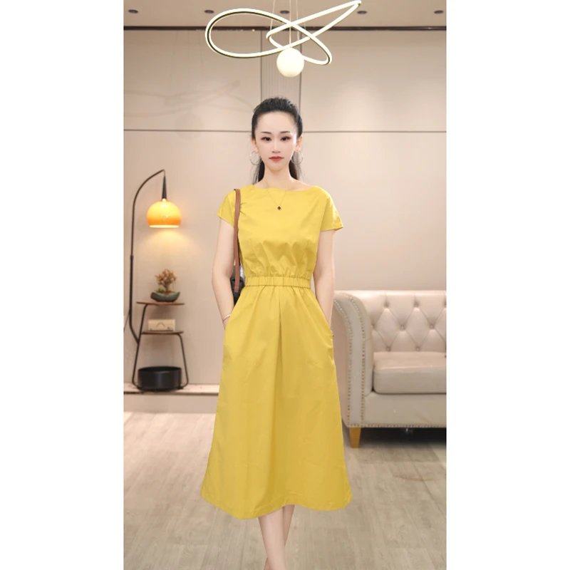 8127-2别致设计感连衣裙女2025年夏气质中长款松紧腰a字裙子