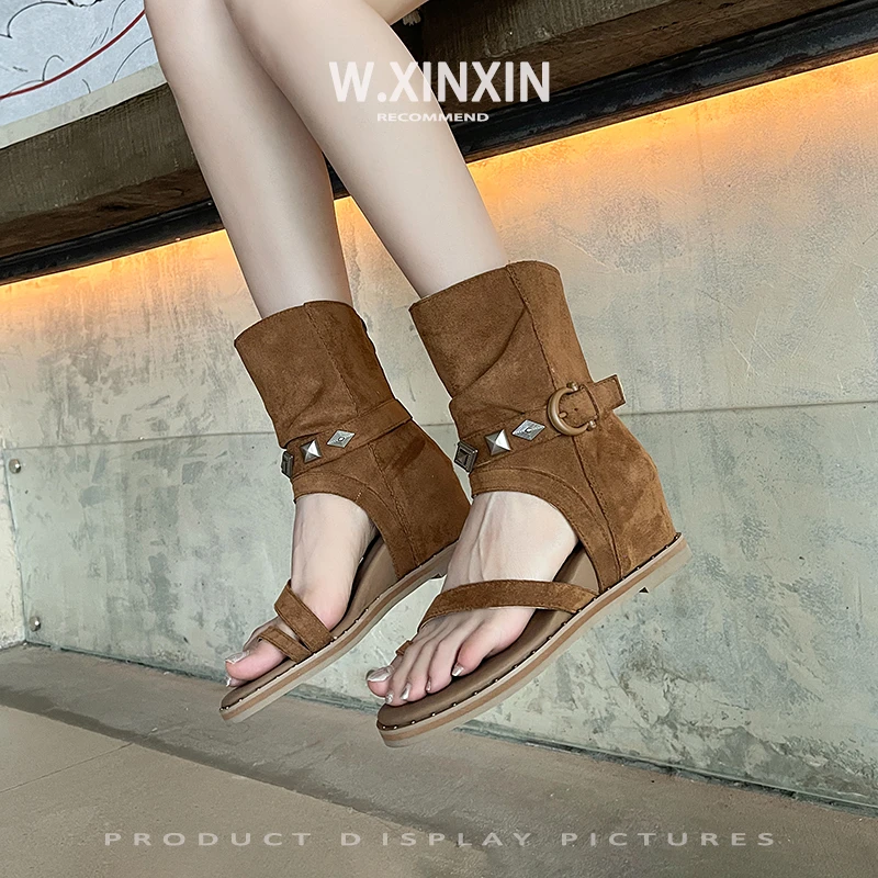 真皮2025夏季新款复古罗马套趾凉靴女内增高5CM短靴皮带扣凉鞋女