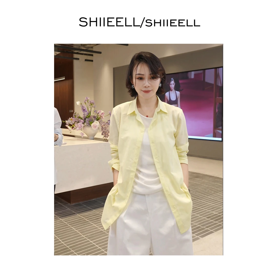 SHIIEELL夏新款极简柔软棉感纯色轻奢时尚洋气宽松气质衬衫W1358