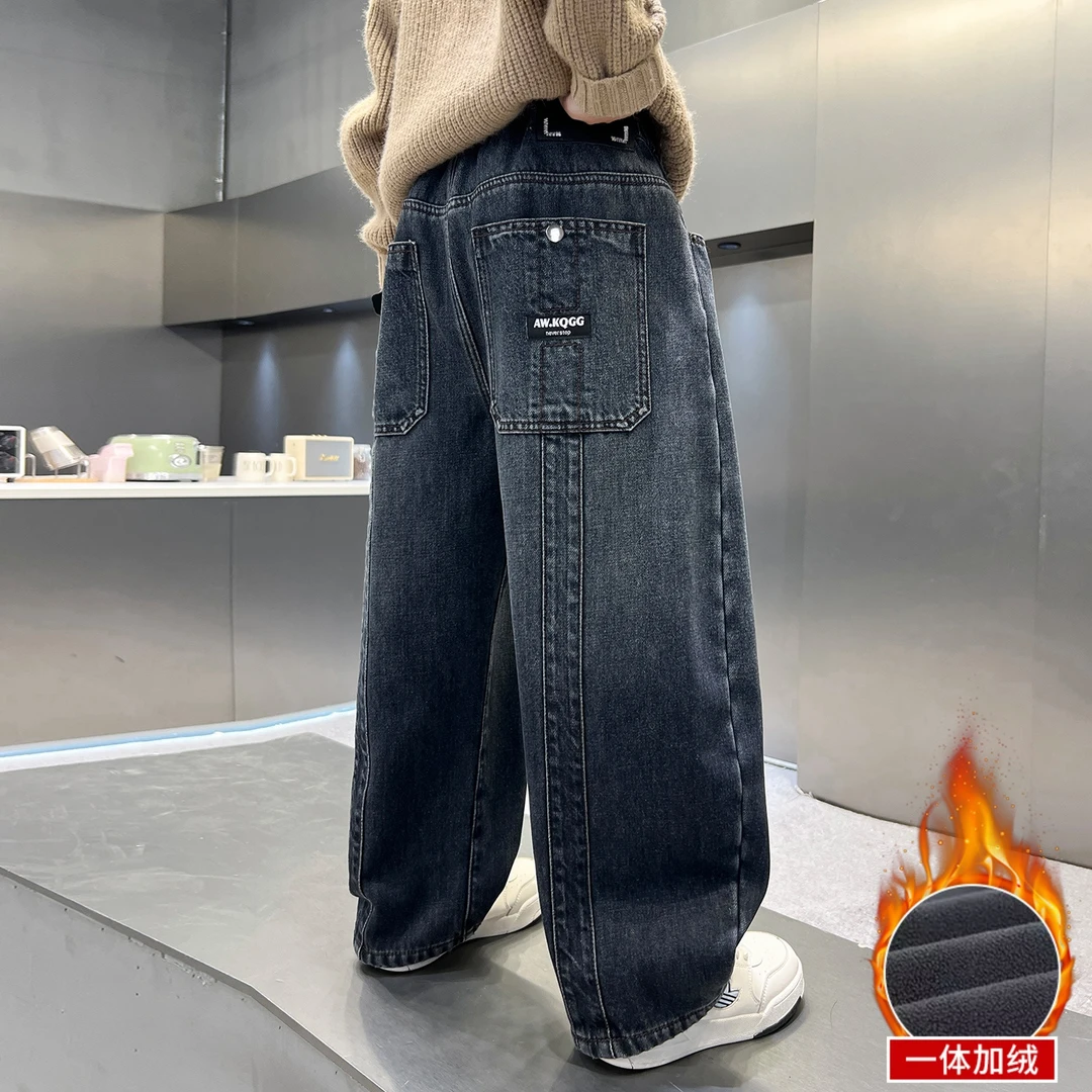 儿童装男童冬季加绒裤子2026新款初中大童秋冬款加厚一体绒牛仔裤