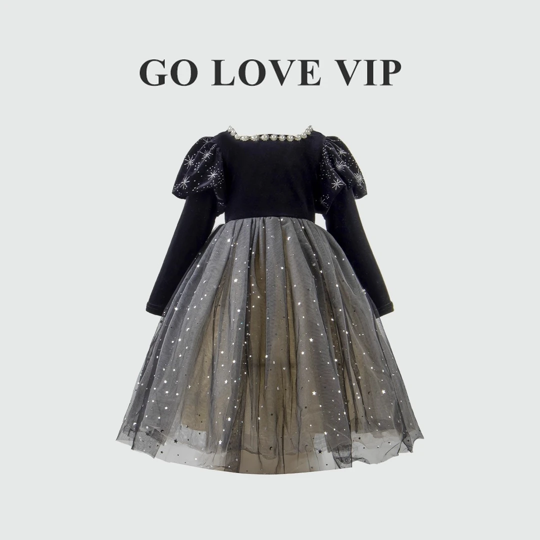 女童礼服赫本风长袖连衣裙春秋季2025新款儿童洋气小黑裙高端裙子