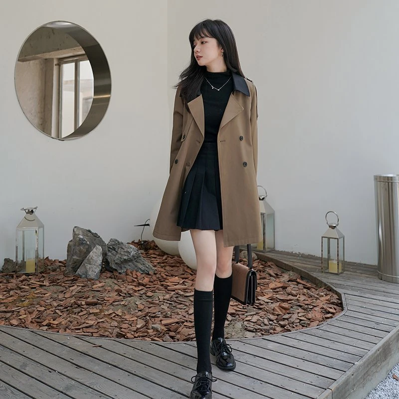 791-800纯色时尚女中长款宽松常规气质西装领秋季风衣翻领