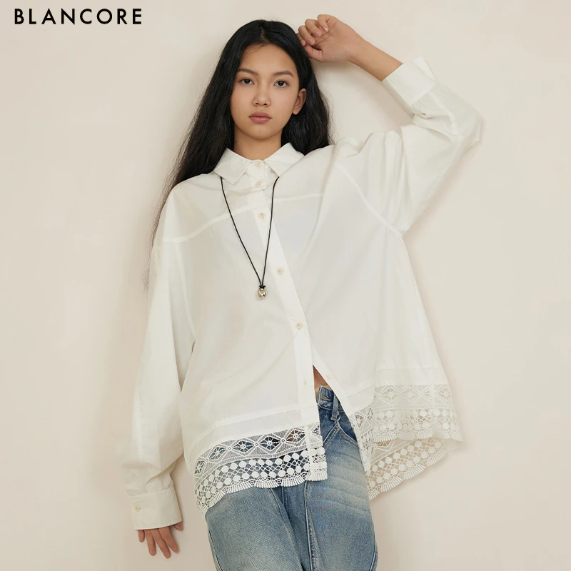 【吴昕同款】BLANCORE2025春季新款白色经典蕾丝镂空上衣衬衫女