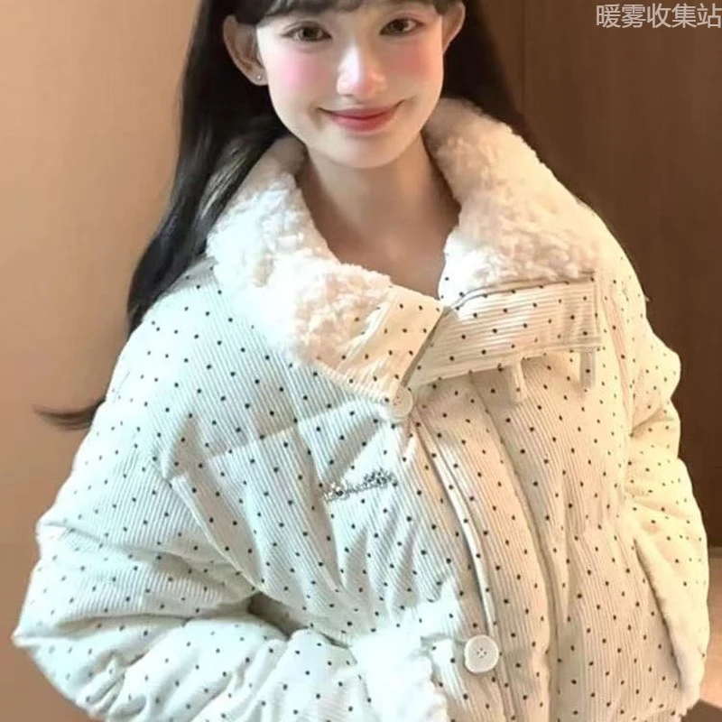 韩系设计波点羽绒服外套冬季甜美新款加厚宽松棉袄毛领面包服短款