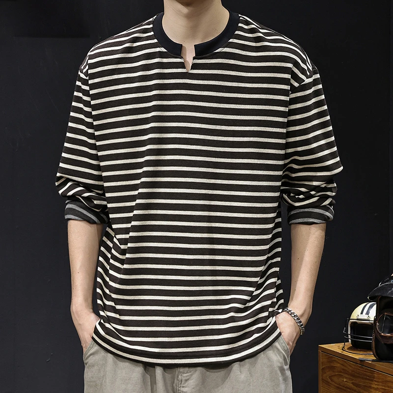 LEIGHZ/雷茨秋季2025新款长袖t恤男士体恤美式大码宽松条纹打底衫
