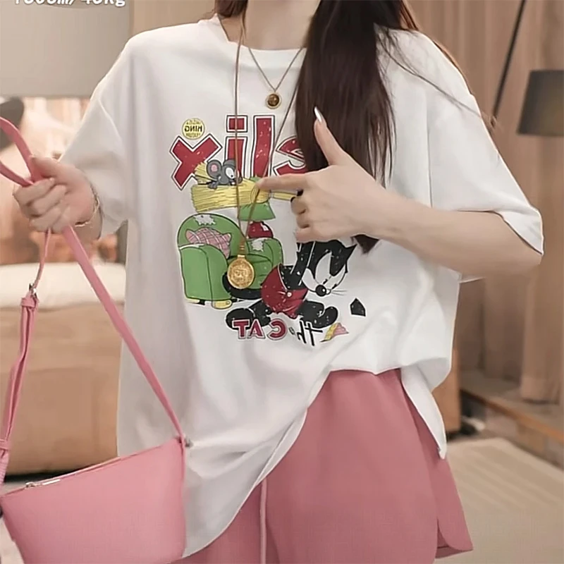 韩系别致蕾丝镂空短袖T恤女2025年夏季新款宽松时尚卡通印花上衣