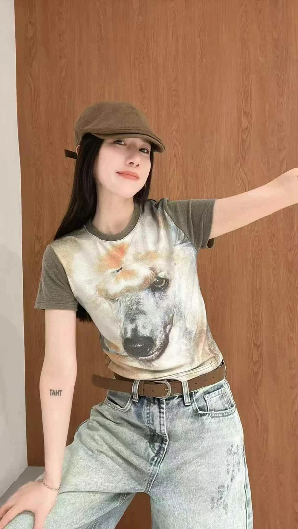 南油欧货25新款短袖宽松印花常规T恤重工夏季半袖套装圆领显瘦狗