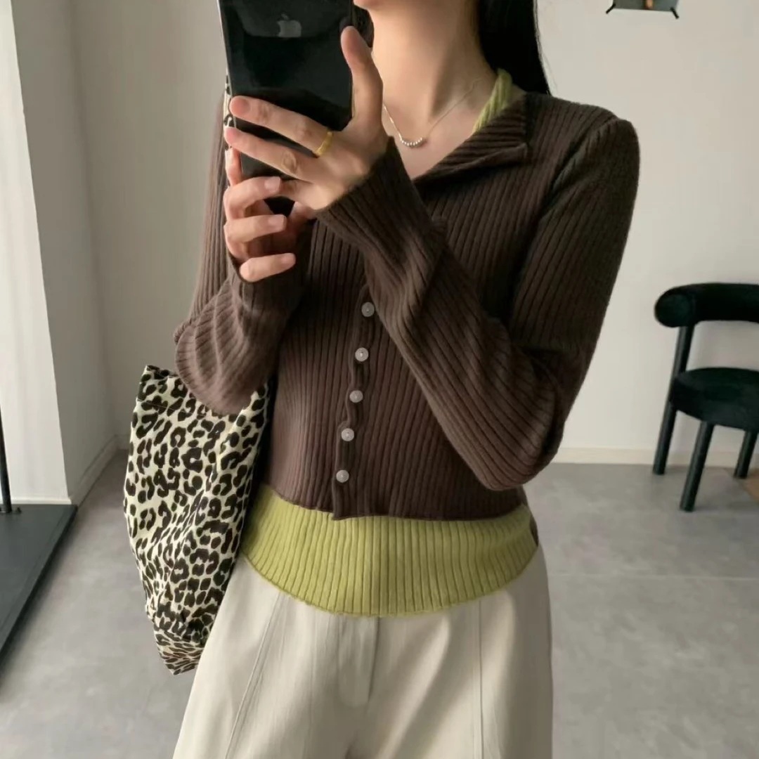 假两件正肩针织衫女巨好看的早秋穿搭韩系短款毛衣长袖打底上衣服