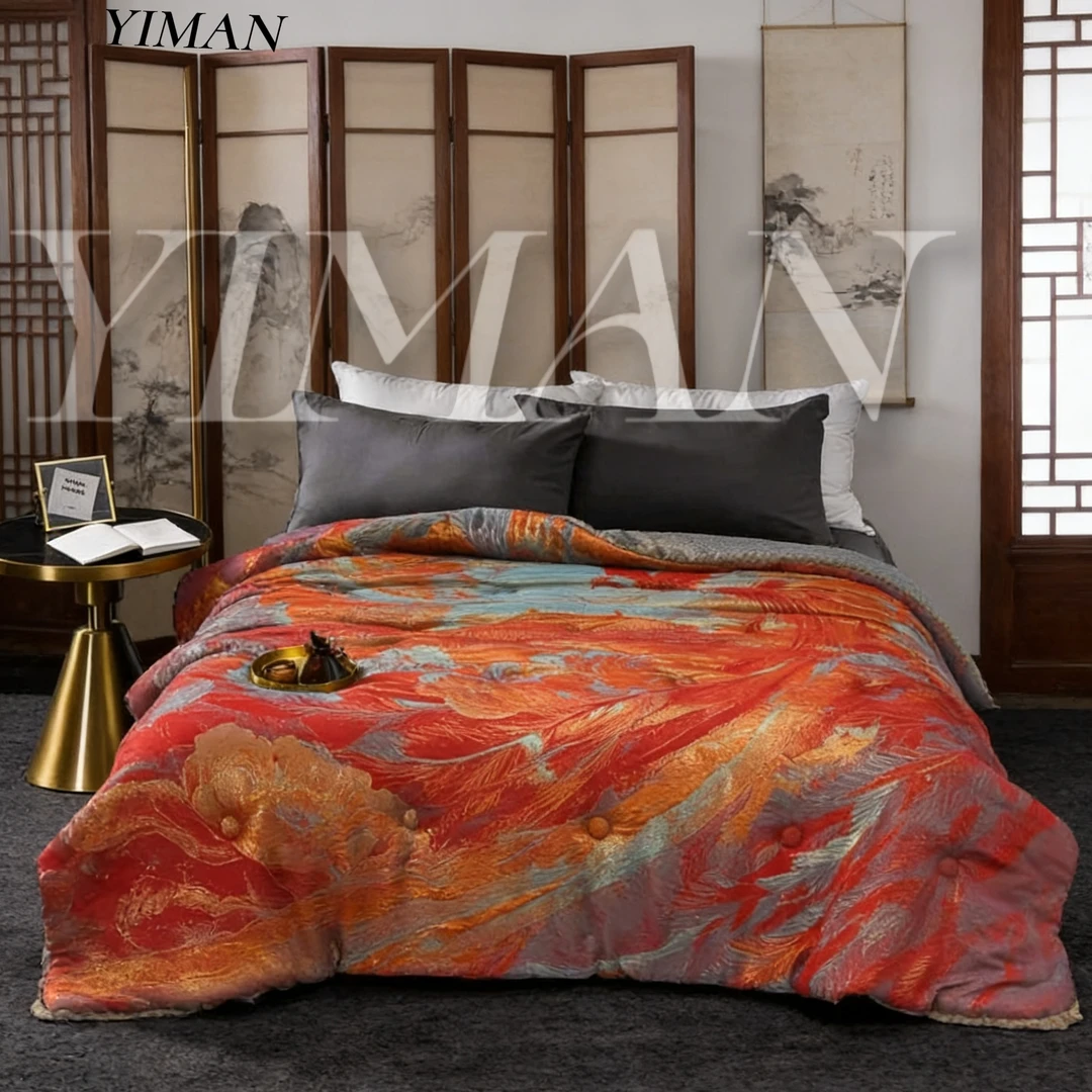 【国宾伴手礼】重工高定浮雕艺术被罩--凤舞和鸣红全尺寸