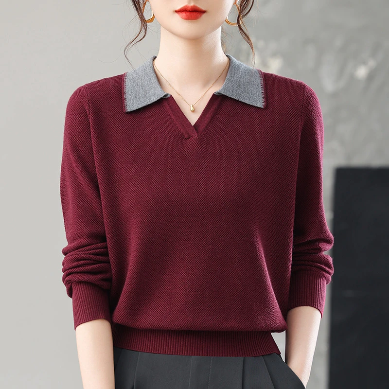妈妈秋装2025年新款翻领红色长袖针织上衣秋冬毛衣洋气打底衫气质