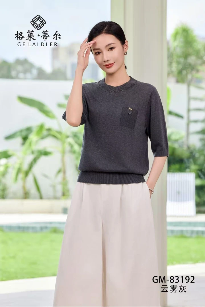 莱赛尔天丝秋季新款中年女士中袖圆领时尚气质半袖针织衫 83192