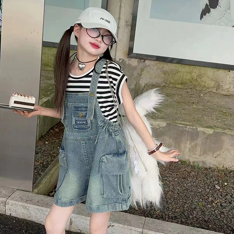 女童背带裤夏季洋气套装2025新款儿童时髦女大童夏装牛仔吊带短裤