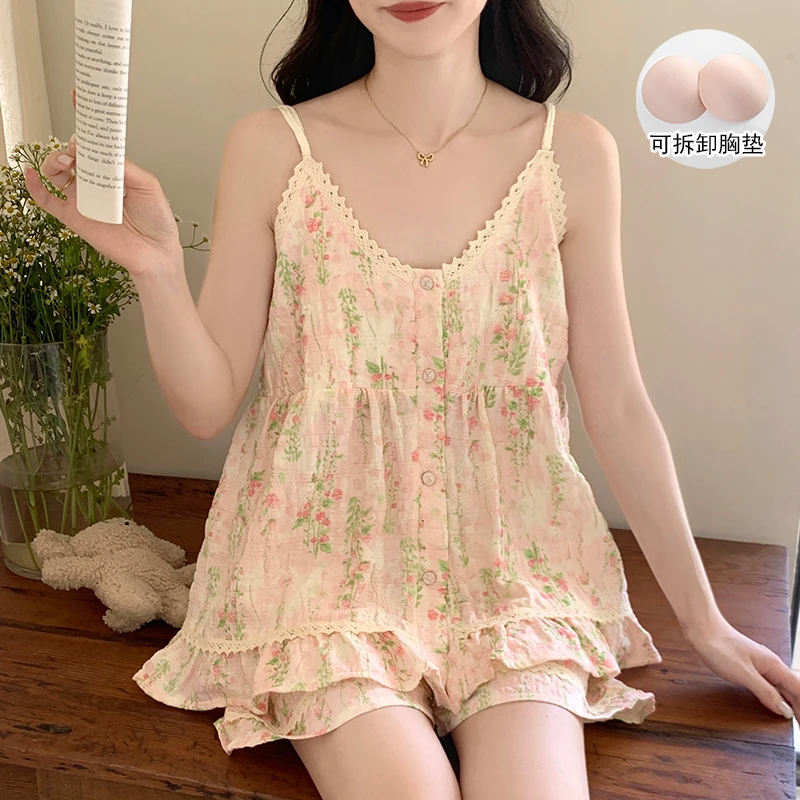 带胸垫夏季性感吊带短裤睡衣女2025新款夏天甜美风花边家居服套装