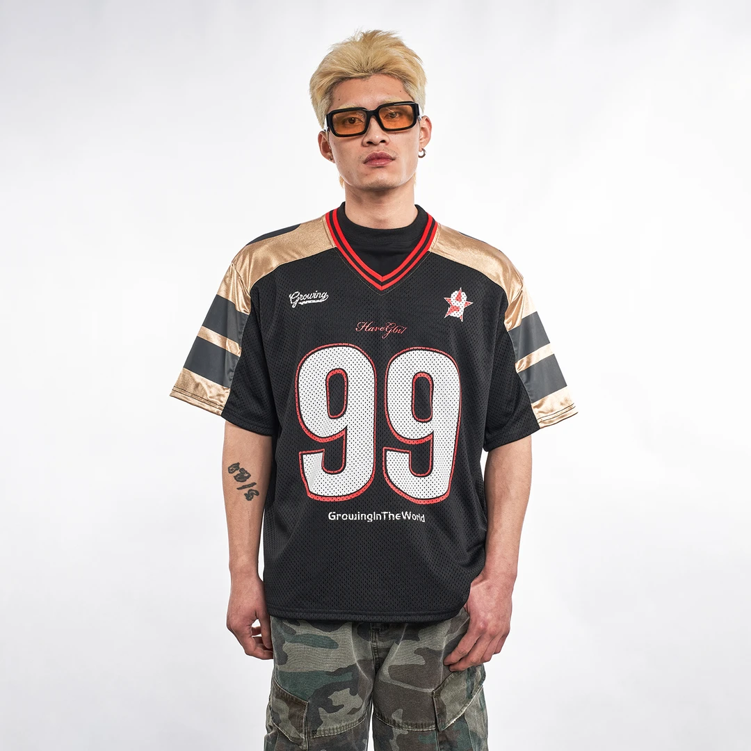 MT99【经典黑金拼色】美式街头99球服T恤 网眼运动休闲boxy球衣短袖