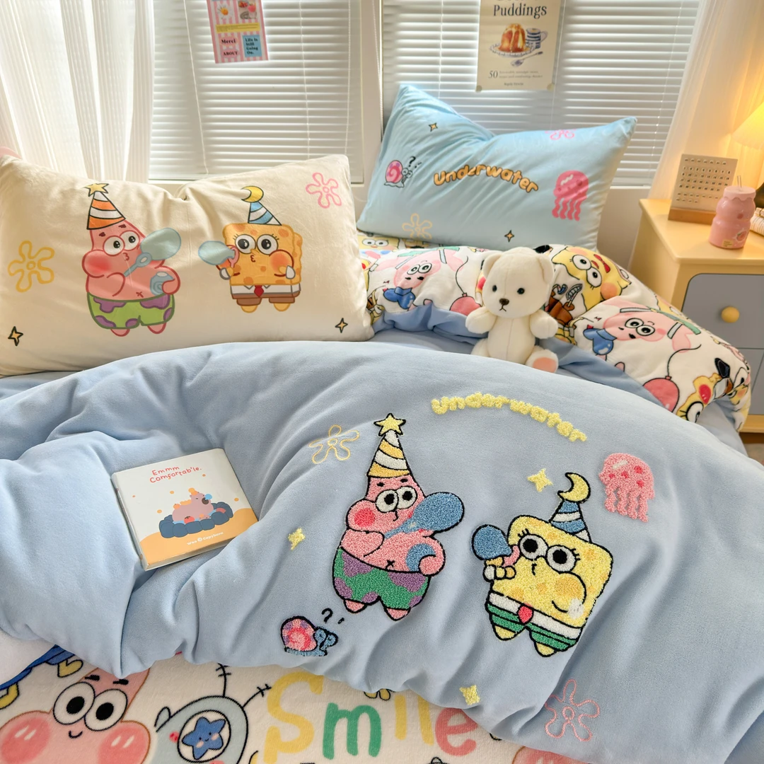 ins牛奶绒四件套冬季卡通毛巾绣被套床单人宿舍床上珊瑚绒三件套5