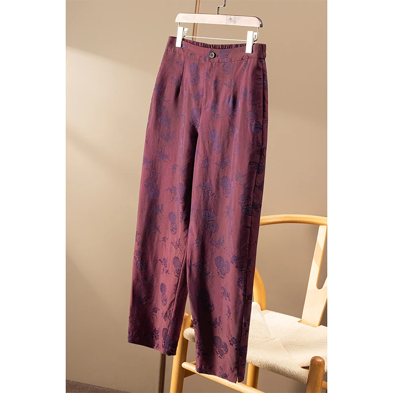 春天家 贵紫 法柜重工提花含桑蚕丝后松紧腰锥形九分裤女65C2