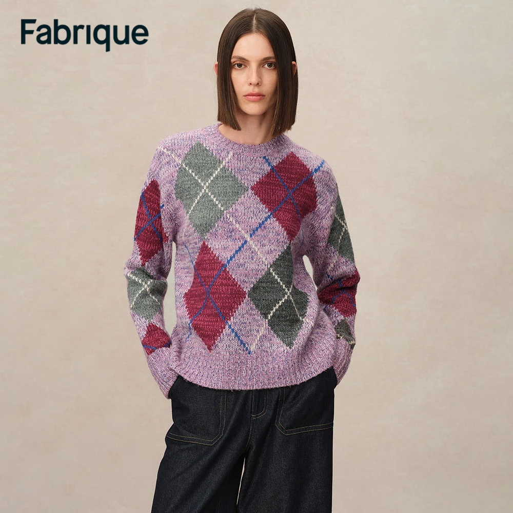 【达人专享】Fabrique丁香紫10色菱格纹学院风美利奴绵羊毛针织套头