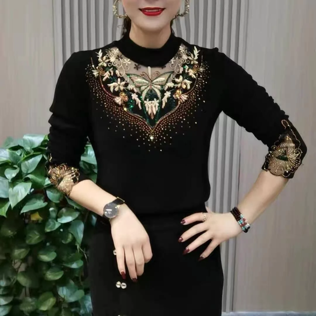 2025秋冬新款时尚洋气刺绣烫钻拼接半高领气质显瘦打底衫