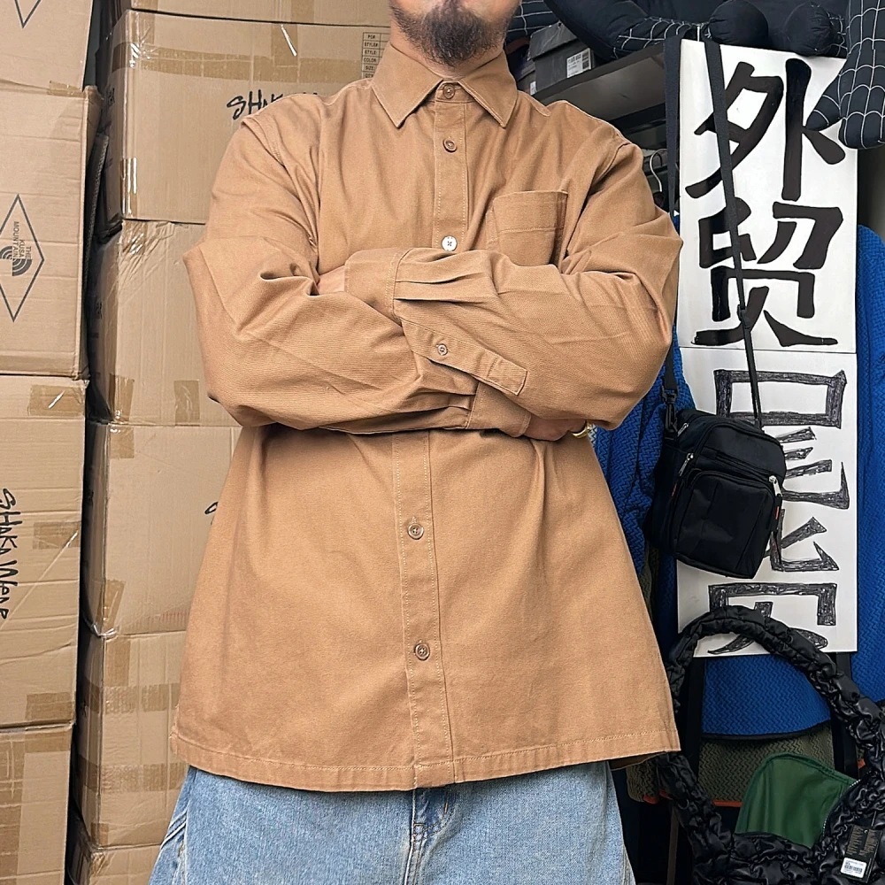 出南美剩余尾货复古男春秋100纯棉纯色休闲宽松长袖衬衫有大码