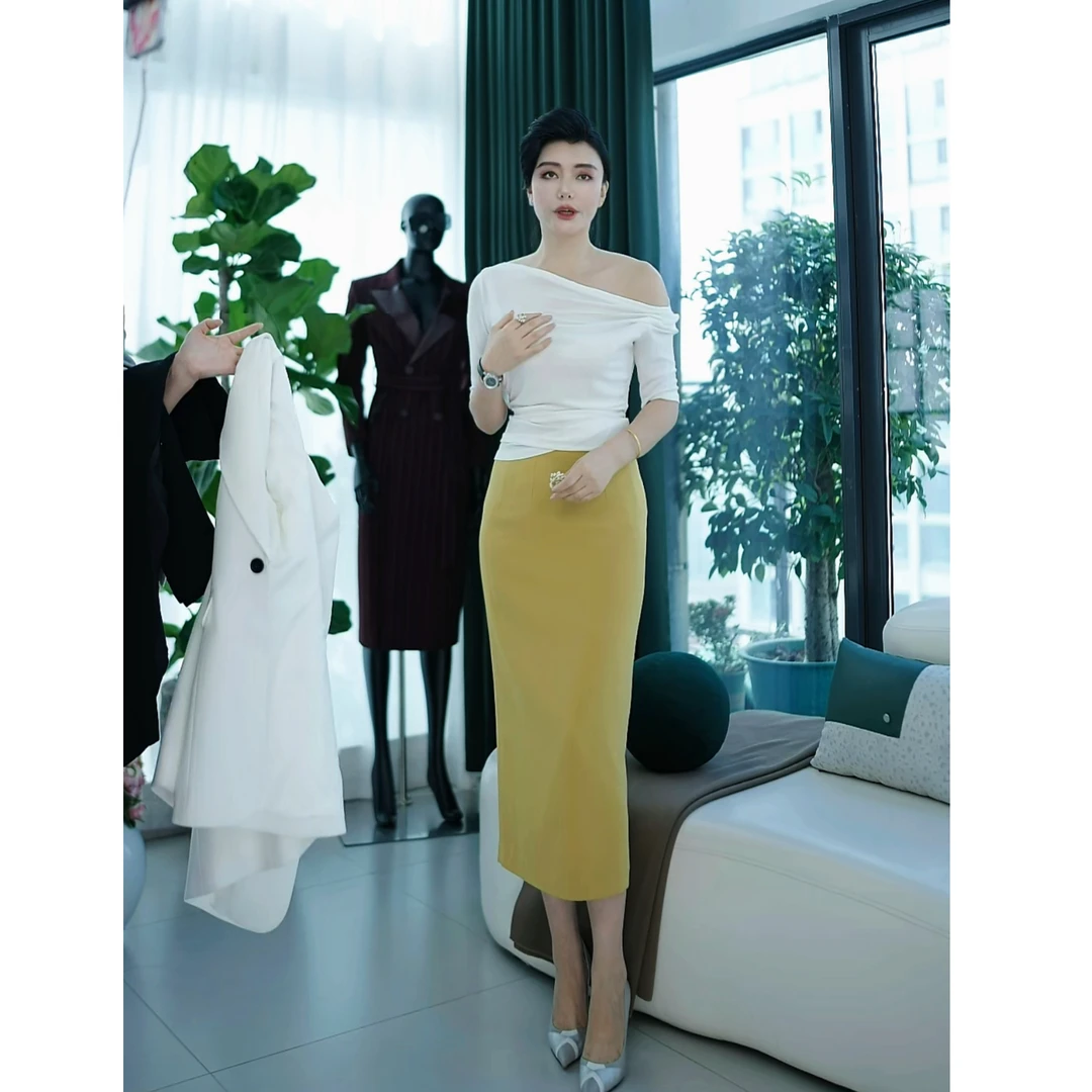 YJ【东方清雅】原创小众独立设计老钱风姜黄色半裙