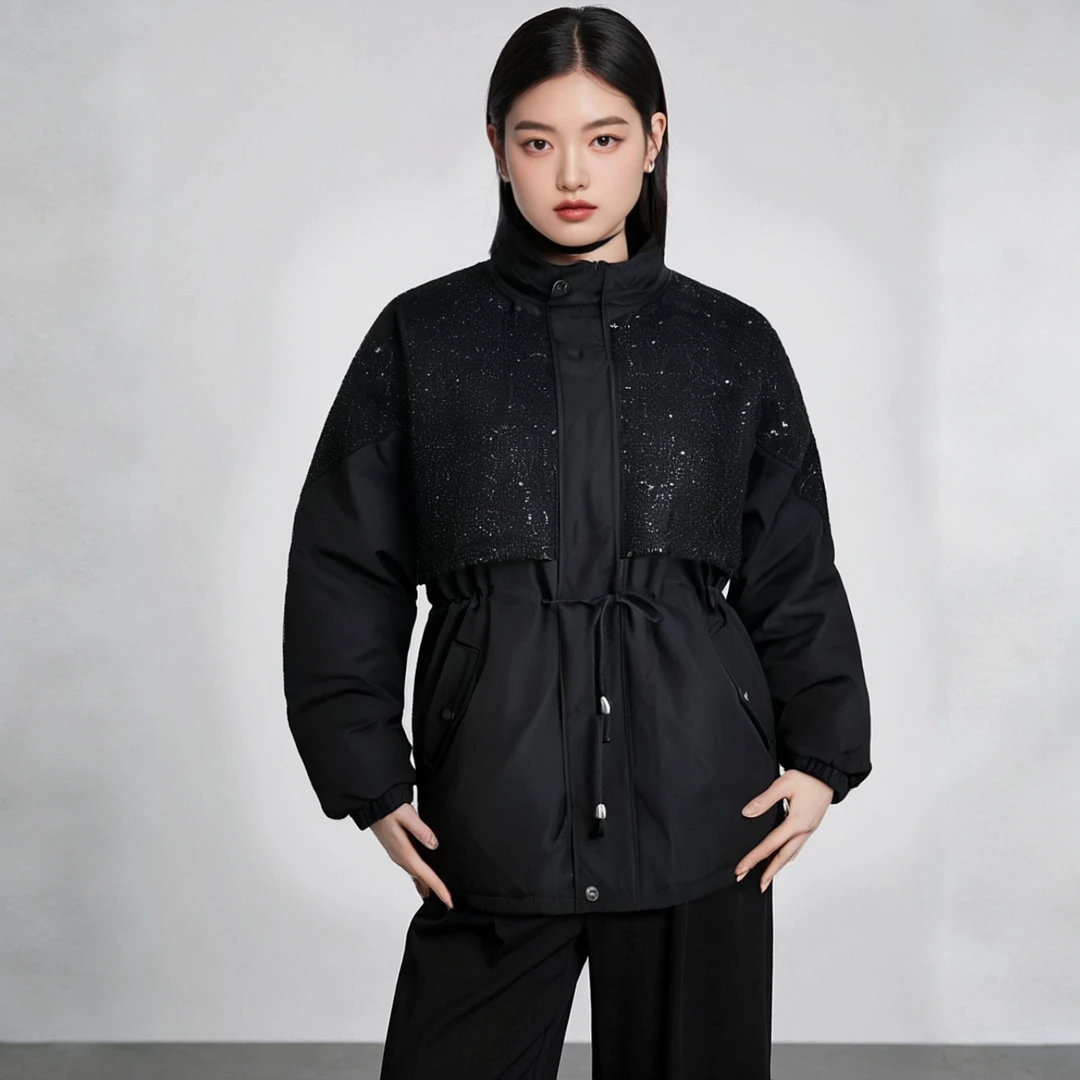 加肥连帽款抽绳收腰中长款棉服秋冬中长款黑色百搭新款潮牌女装