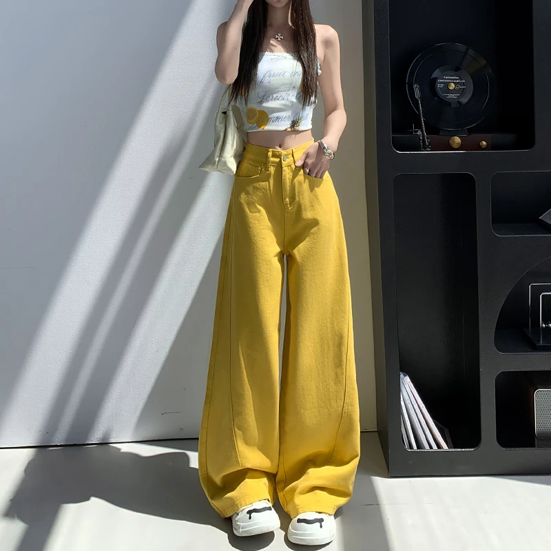 黄色阔腿牛仔裤女2025夏季新款高街高腰宽松遮胯设计感休闲弯刀裤