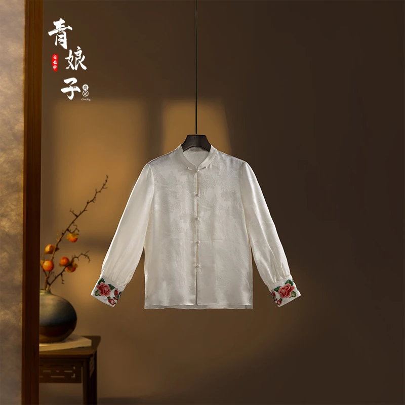 青娘子真丝（霜华）复古新中式刺绣国风百搭中国风休闲上衣---60051