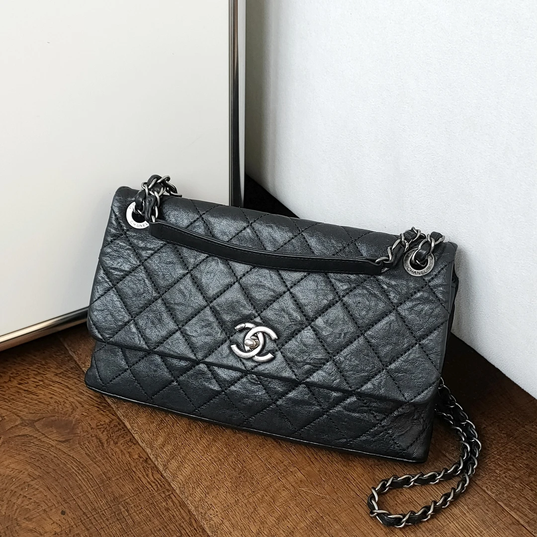 95新 Chanel/香奈儿 Azul-黑银褶皱羊皮cf单肩包49614
