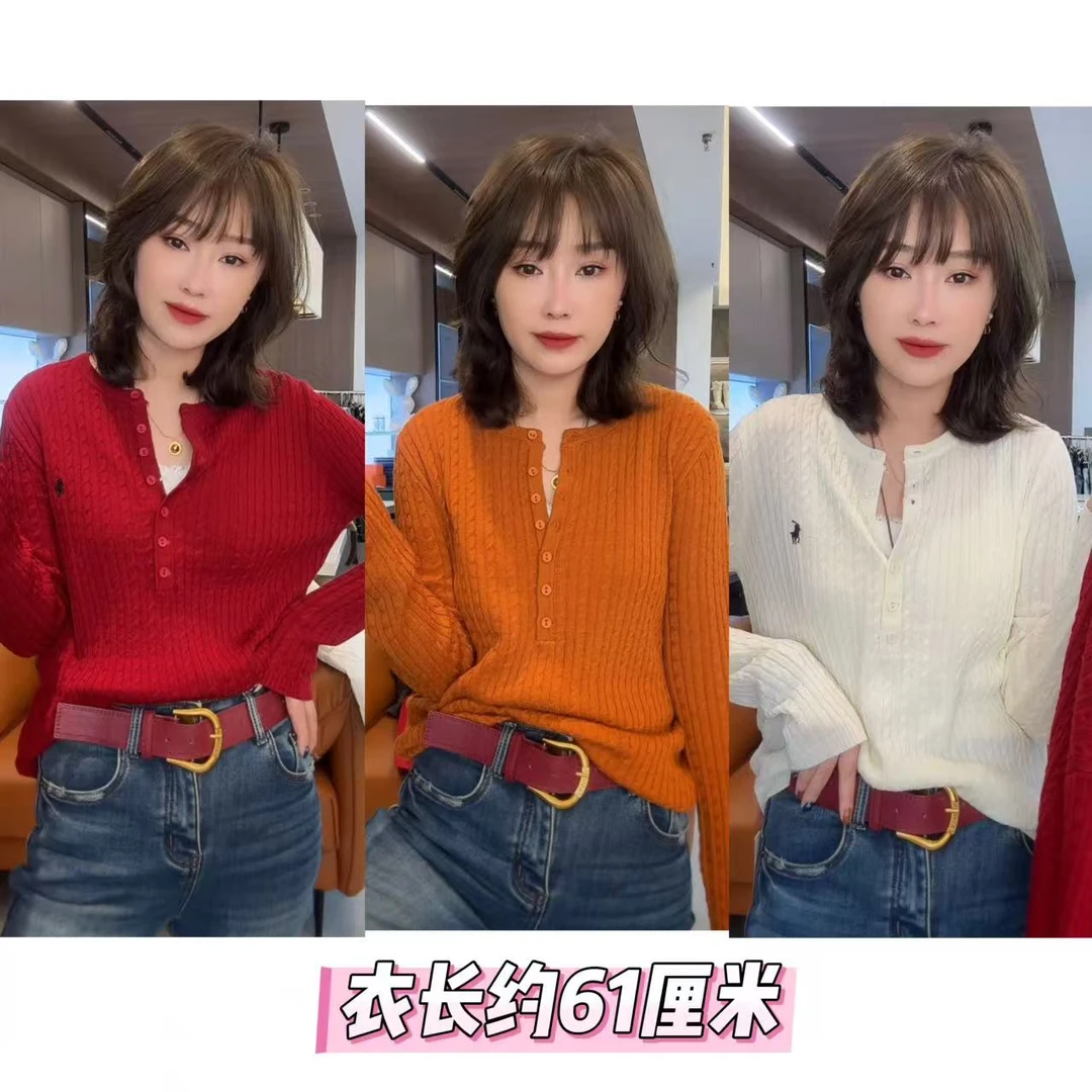 12399半排扣刺绣圆领针织长袖