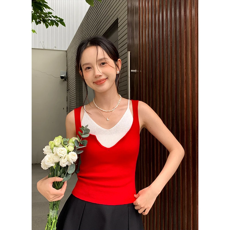 缤纷汽水 Miu系撞色修身背心女百搭显瘦假两件吊带通勤短款打底