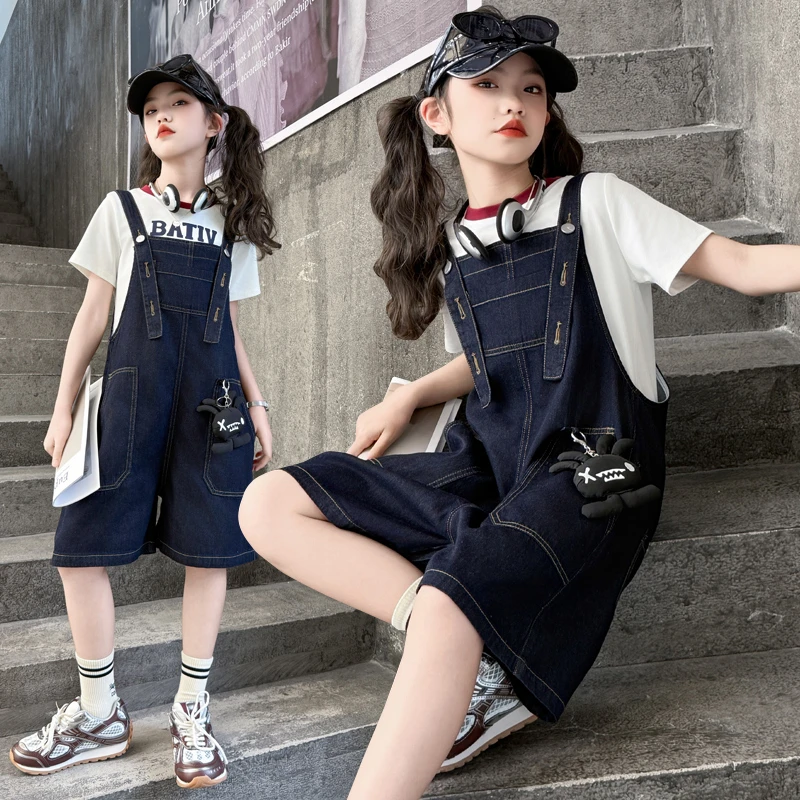 女童2025新夏季中大童洋气时尚韩版显瘦短袖牛仔背带裤两套装薄款