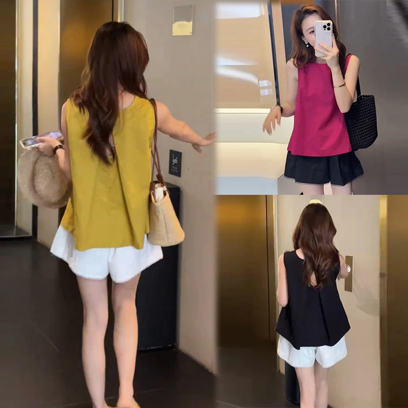 韩版洋气减龄后背镂空设计感小衫女夏季新款圆领a版遮肚爆款衬衫