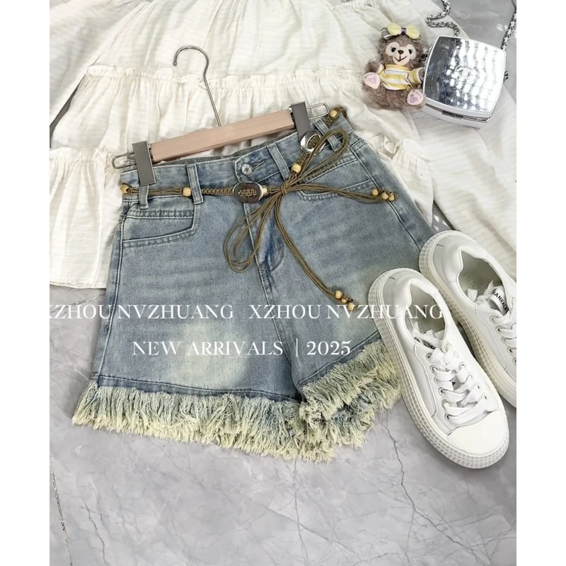 复古浅蓝流苏毛边牛仔短裤女夏季2025年高腰阔腿a字裤